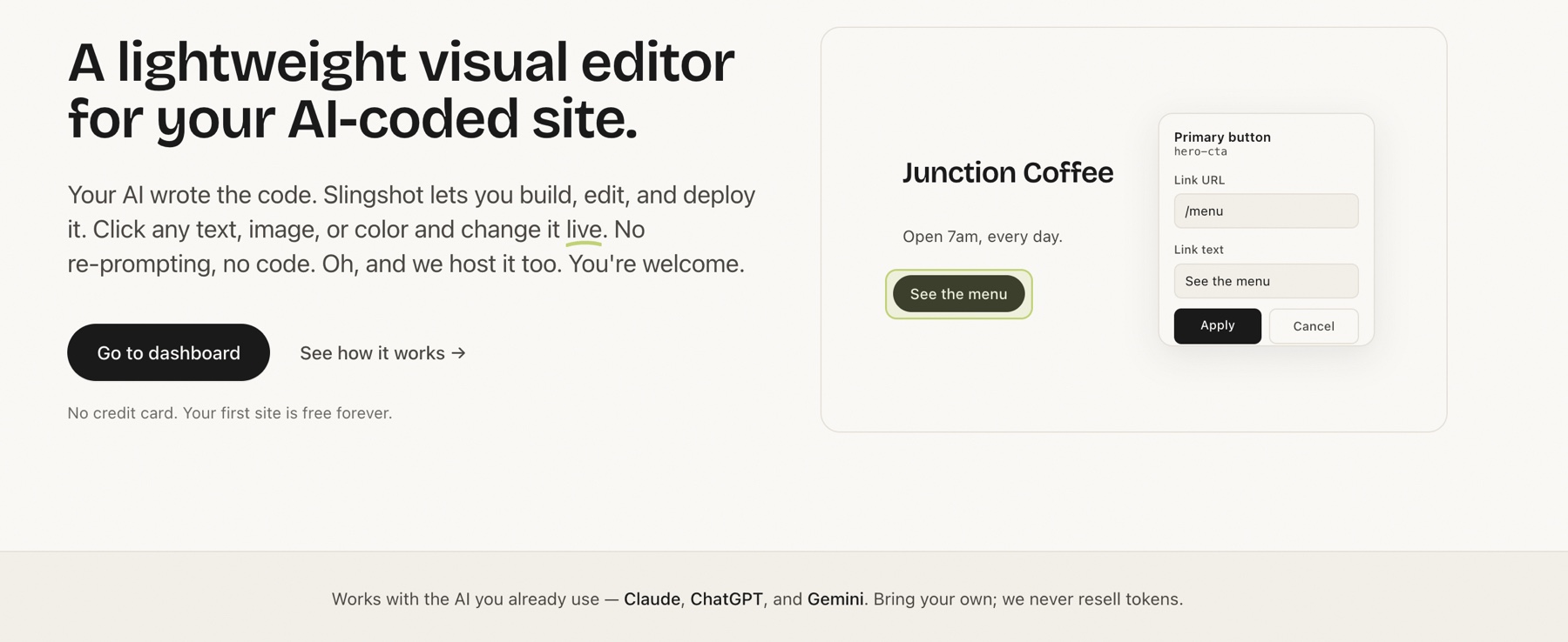 The Slingshot editor open on a coffee shop website, with the primary button selected and its link being edited in a side panel